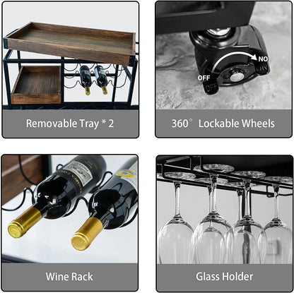 Bar Cart Industrial Kitchen Serving Carts for Home 3 Tier Storage Trolley with Wine Rack Glasses