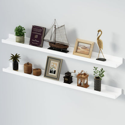 SAUMONIERES Picture Ledge Shelf Floating Book Shelves Set of 2 Wall Mounted Solid Wood for Bedroom