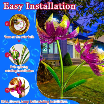 Solar Wind Spinner Outdoor, 63 Inch Metal Wind Spinner Yard Art with Lights - Twin Flower Design
