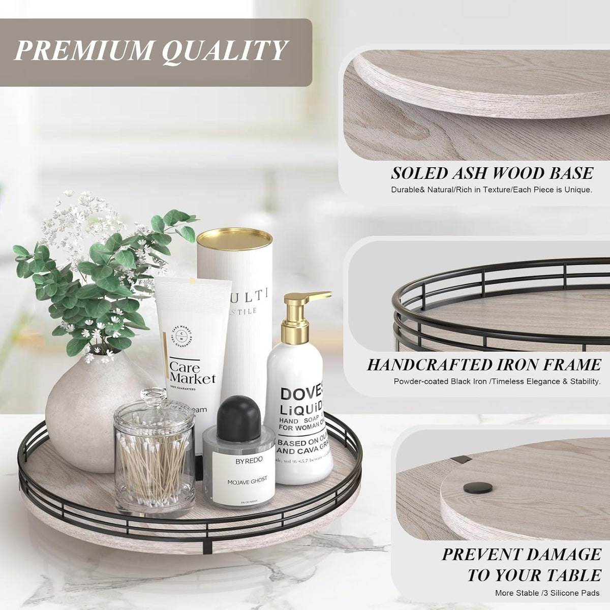 12" Farmhouse Lazy Susan for Kitchen & Coffee Table Decor – Rustic Wood Tray with Black Metal