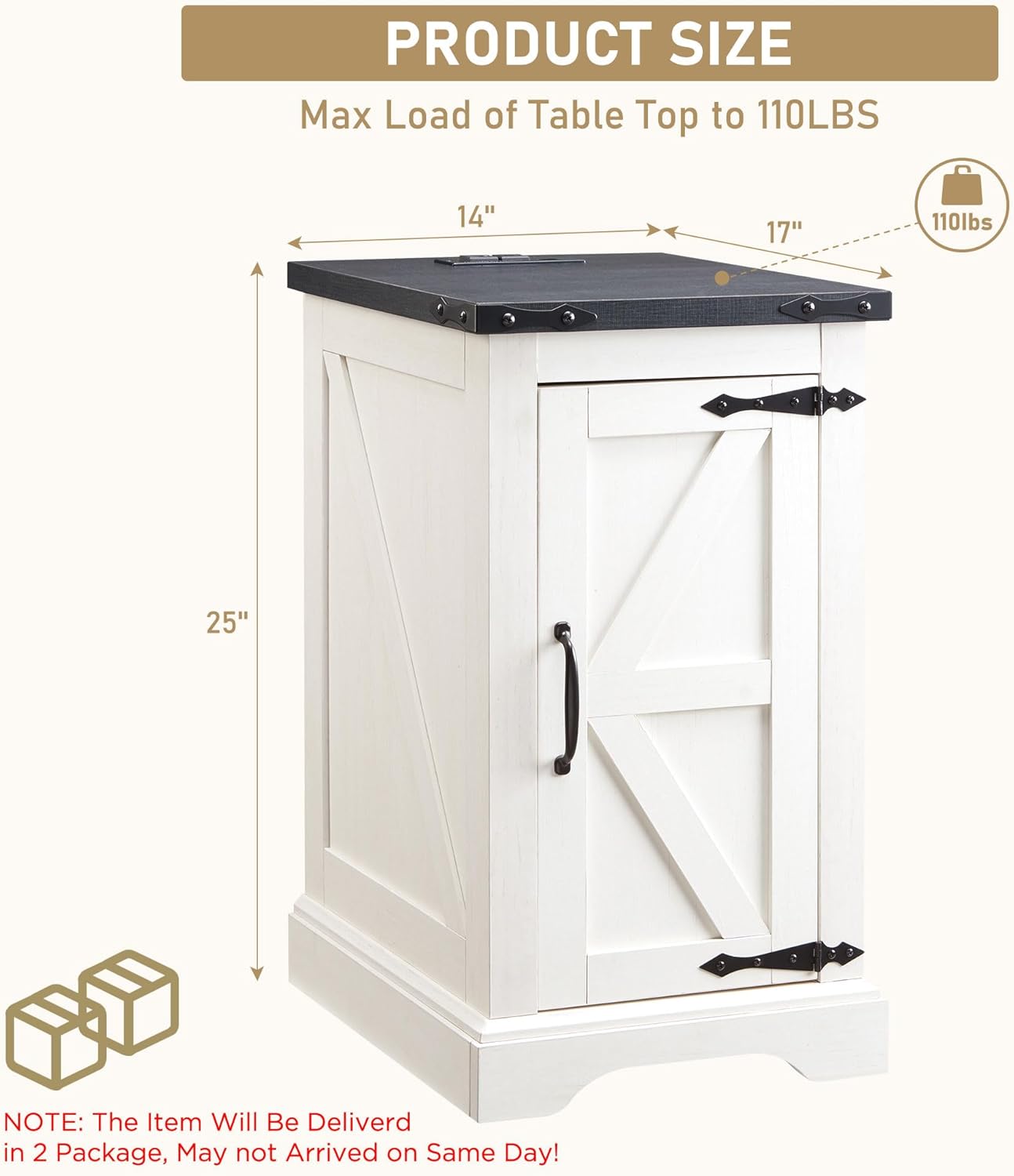 JXQTLINGMU Farmhouse Nightstand Set of 2 with Charging Station, 17" D Rectangular End Table with