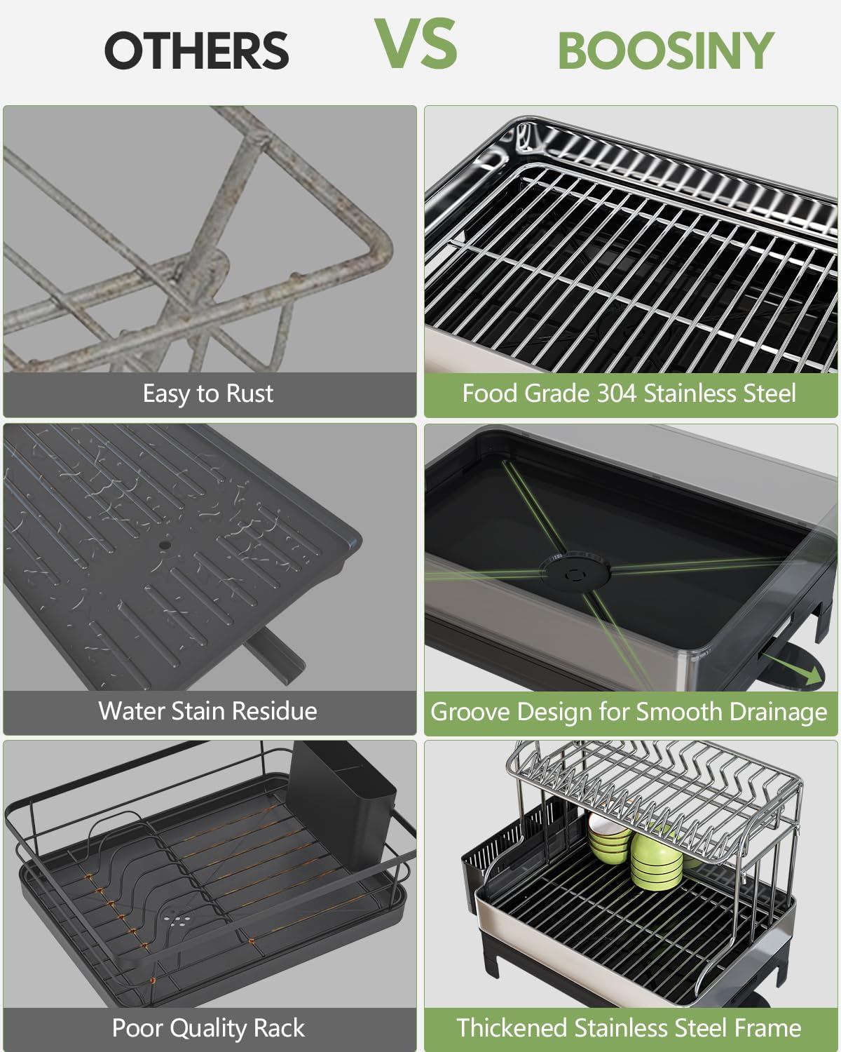 BOOSINY Extra Large Stainless Steel Dish Drying Rack, 2 Tier Dish Racks for Kitchen Counter, Dish