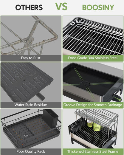 BOOSINY Extra Large Stainless Steel Dish Drying Rack, 2 Tier Dish Racks for Kitchen Counter, Dish