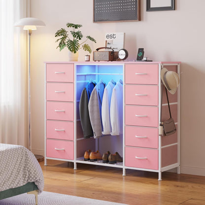 LUMTOK 2-in-1 Dresser with Hanging Rack, 10 Drawers Dresser for Bedroom,Dressers with Fabric