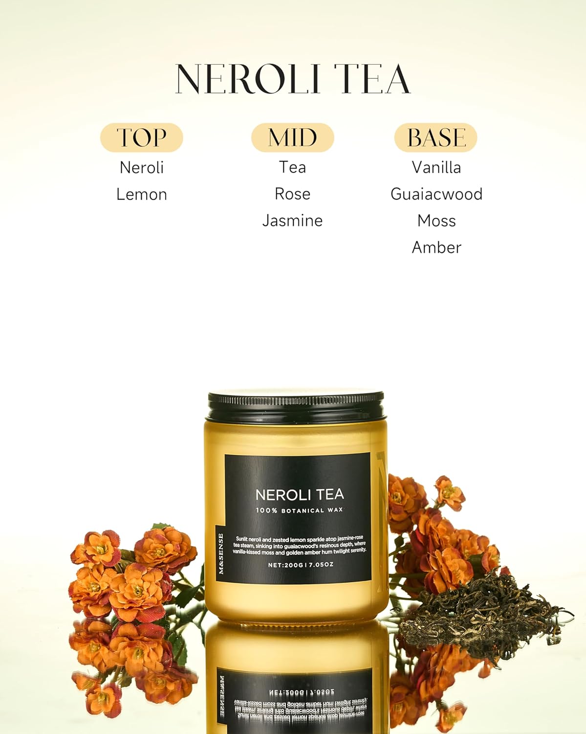 M&SENSE Neroli Tea Scented Candle, 7.05oz 50 Hours Long Lasting Burn 2 Wick Non Toxic Natural Soy