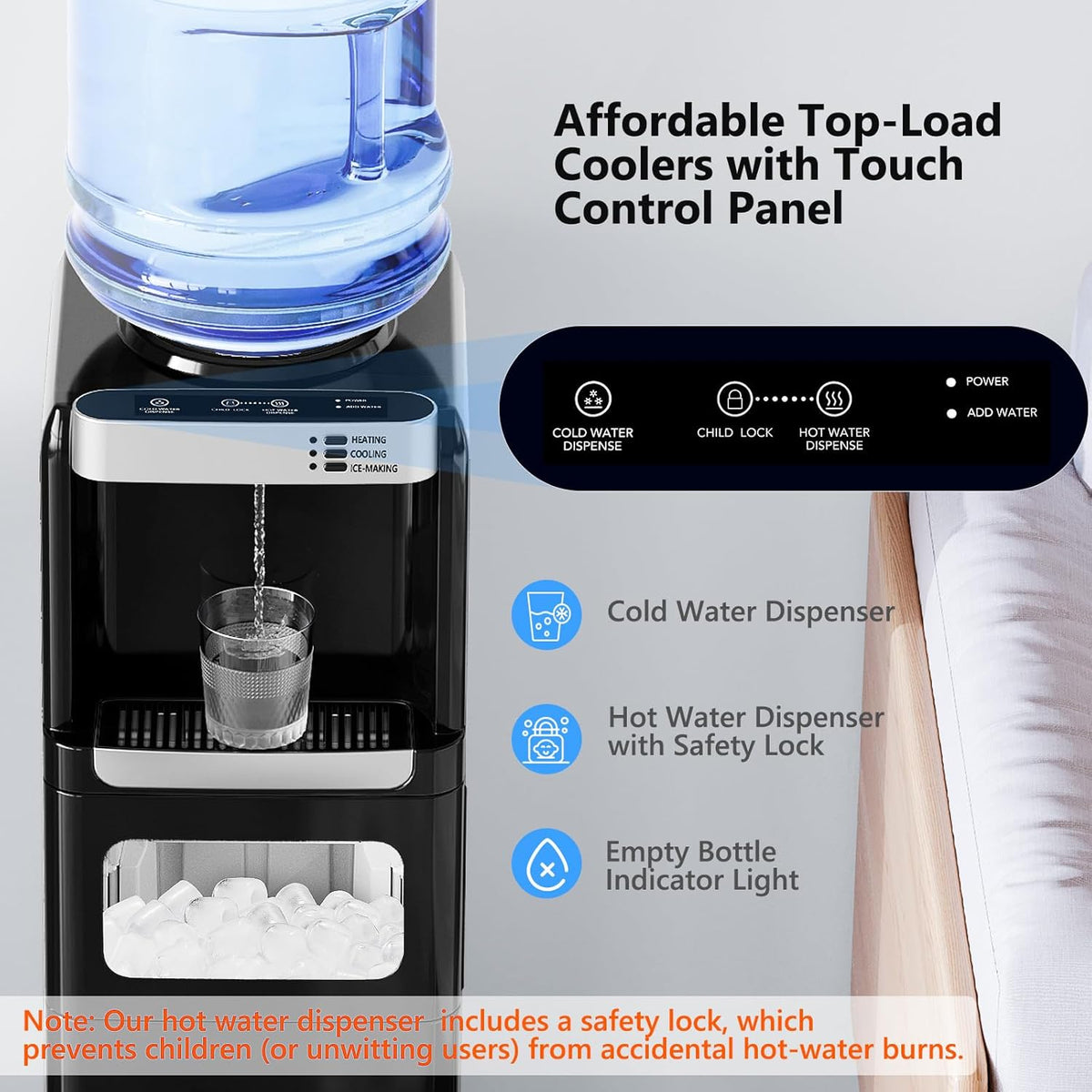 Water Dispenser with Ice Maker Function, Top Loading Hot and Cold Water Cooler for 5 Gallon Bottle