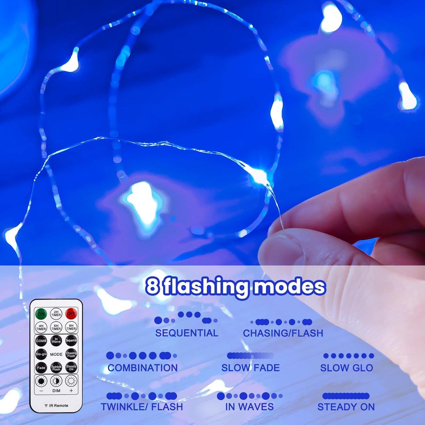HXWEIYE 300LED Blue Fairy Curtain Lights with Remote 8 Modes Timer for Bedroom, 9.8x9.8Ft USB Plug