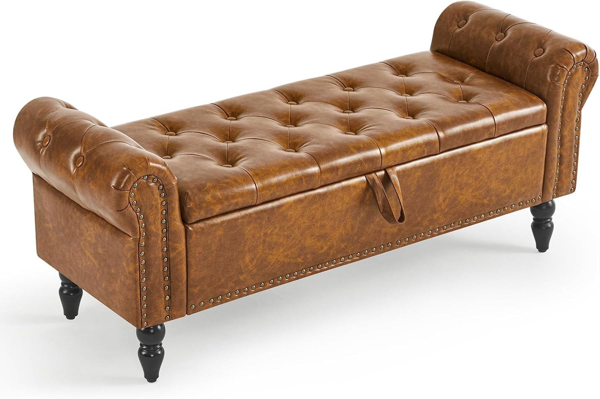 Furniliving Storage Ottoman Bench, Leather Benches End of Bed Bench with Solid Wood Legs