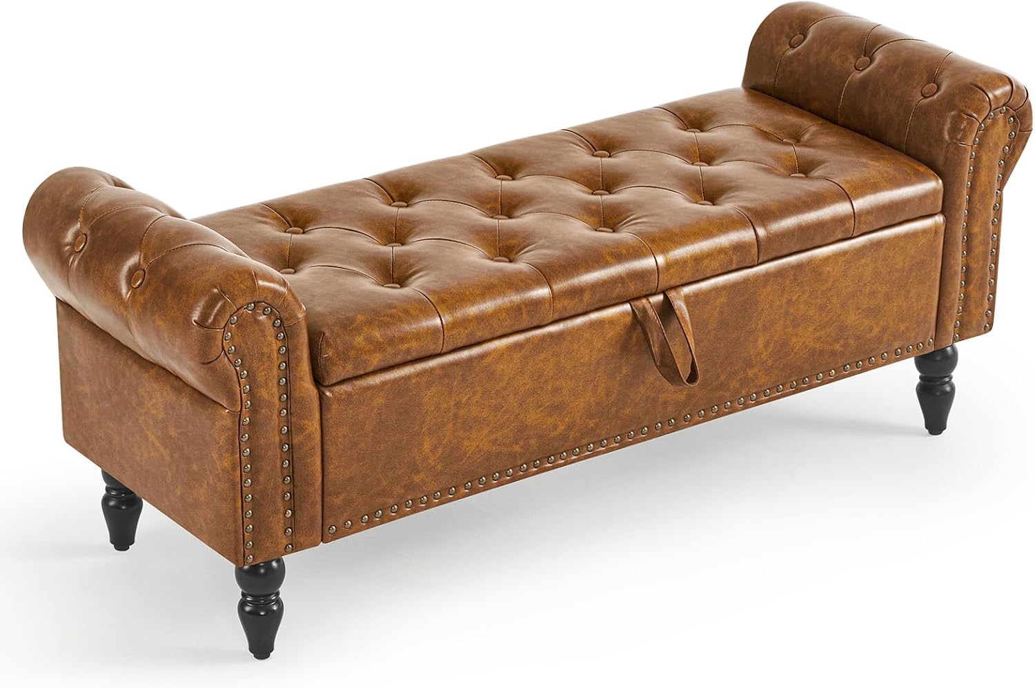 Furniliving Storage Ottoman Bench, Leather Benches End of Bed Bench with Solid Wood Legs