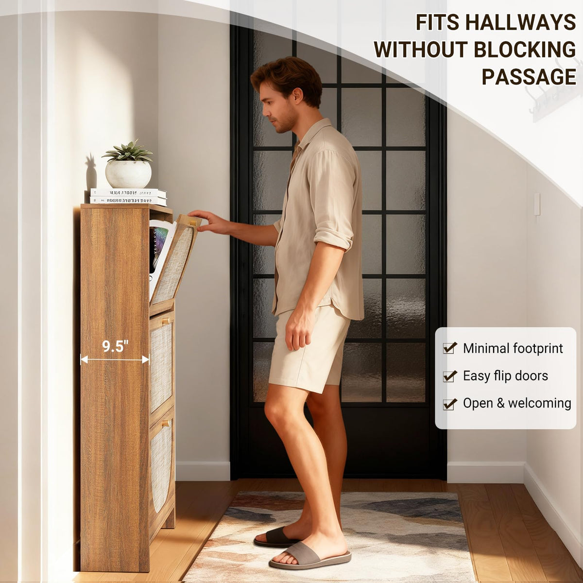 Nicetree Rattan Arched Accent Shoe Storage Cabinet - Freestanding Ultra Slim for Entryway, 3 Flip