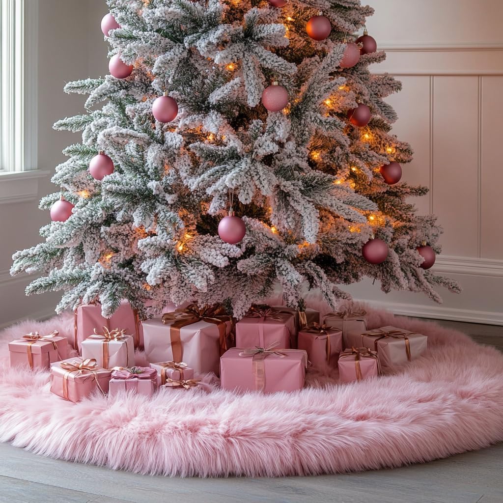 AOGU 60 Inch Faux Fur Christmas Tree Skirt Pink Plush Skirt for Merry Christmas Party Christmas