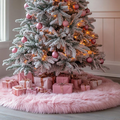 AOGU 60 Inch Faux Fur Christmas Tree Skirt Pink Plush Skirt for Merry Christmas Party Christmas