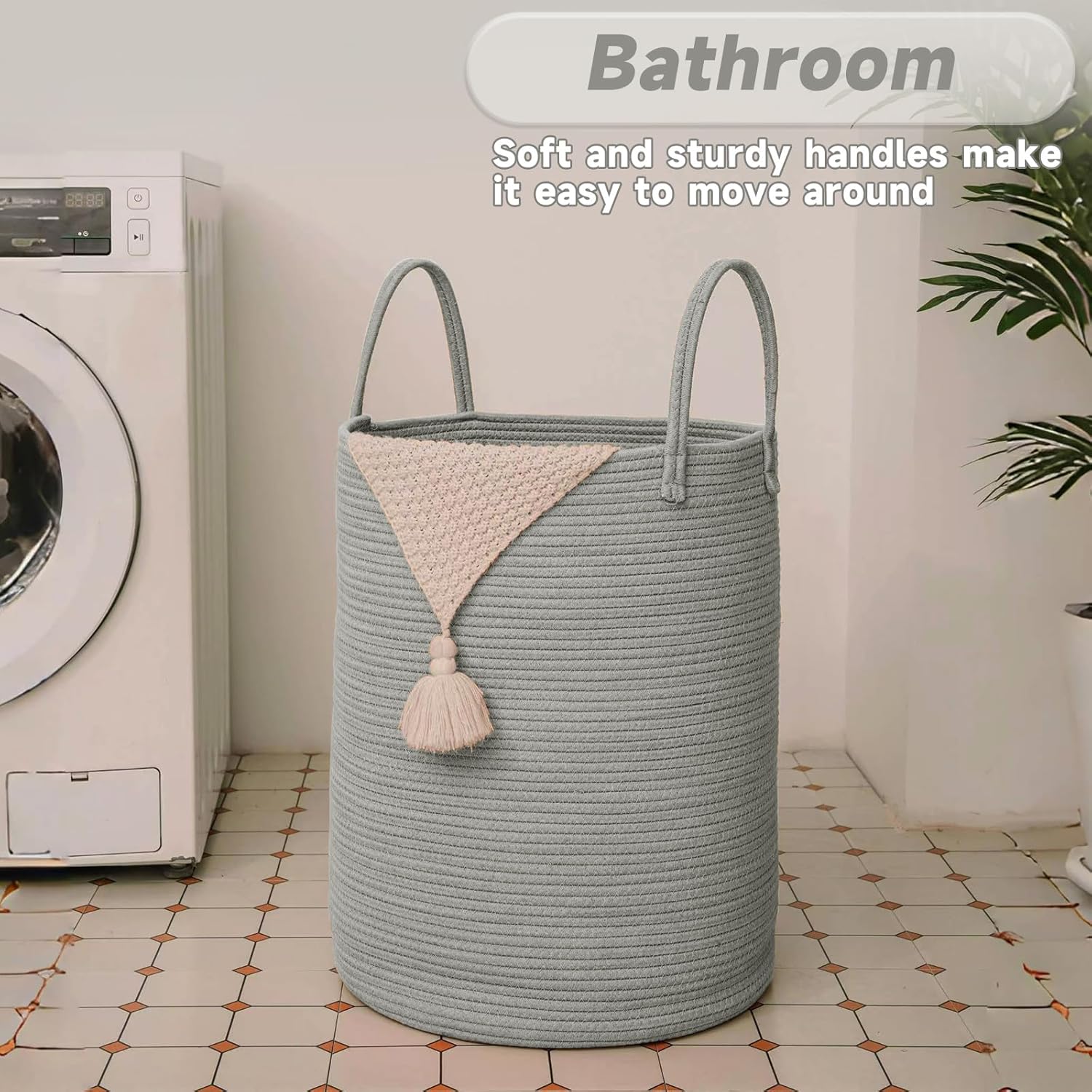 Large Woven Laundry Basket Hamper,60L Cotton Rope Storage Bin for Blankets,Toys and