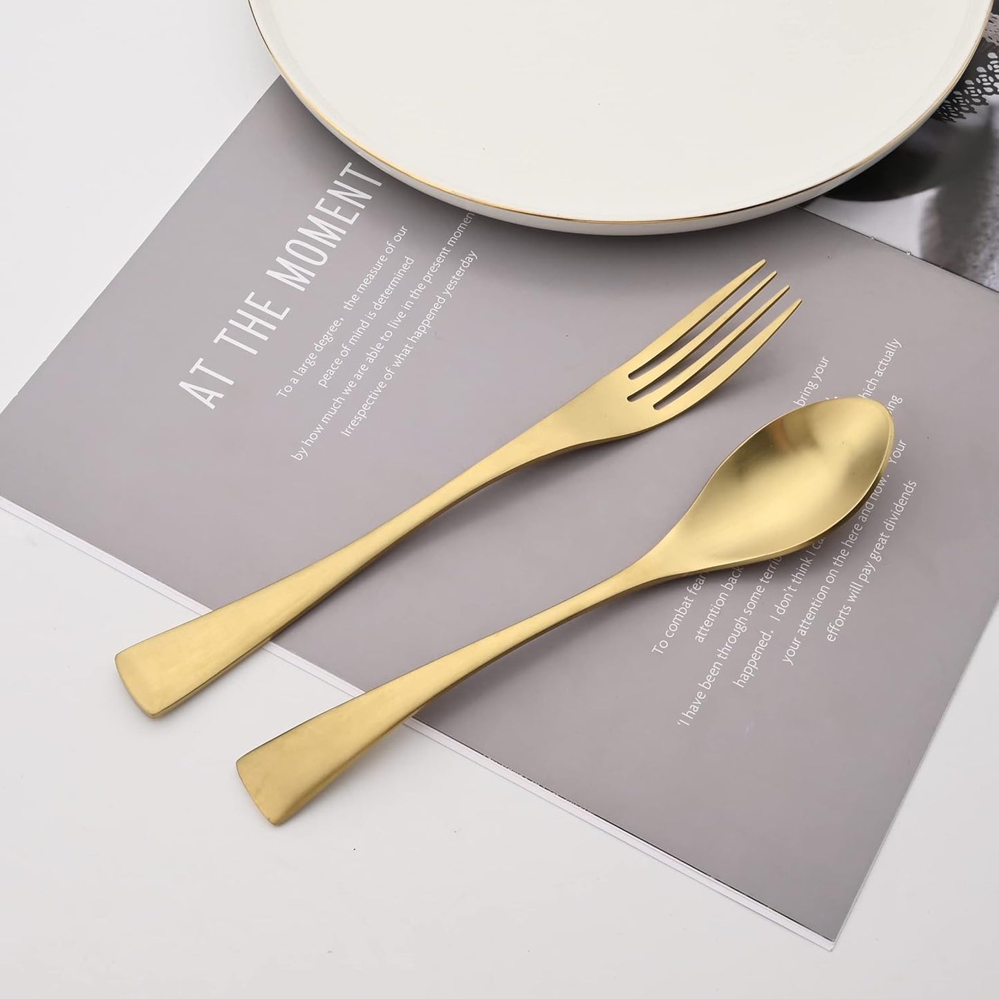 Luxury 18/10 Stainless Steel Matte Champagne gold Cutlery Flatware Set - Utensil Set Steak Spoons