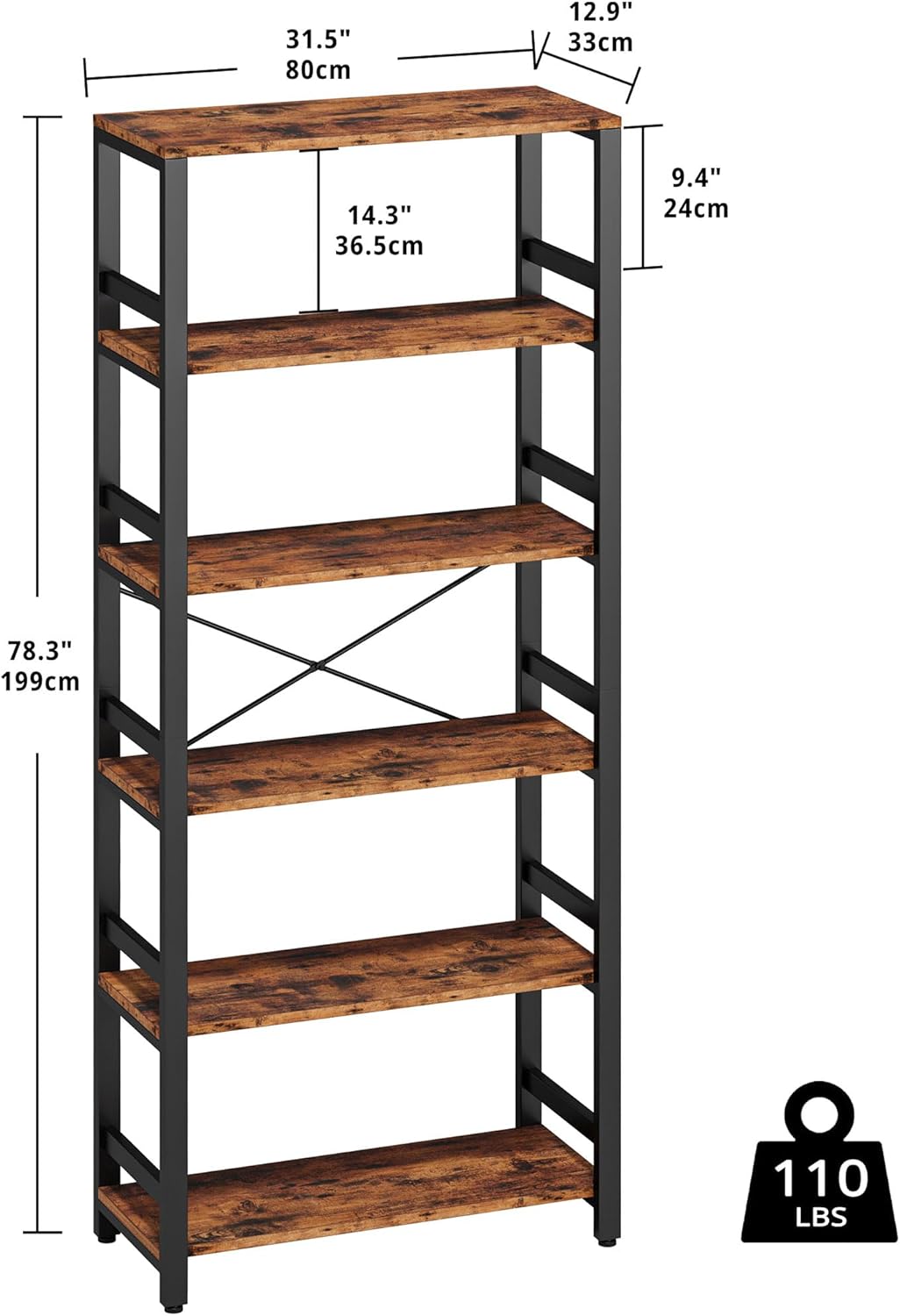 IRONCK Bookshelf, 31.5in Wide Shelf 6 Tier Bookcase, 110lbs/shelf Vintage Industrial Style