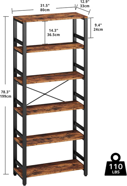 IRONCK Bookshelf, 31.5in Wide Shelf 6 Tier Bookcase, 110lbs/shelf Vintage Industrial Style