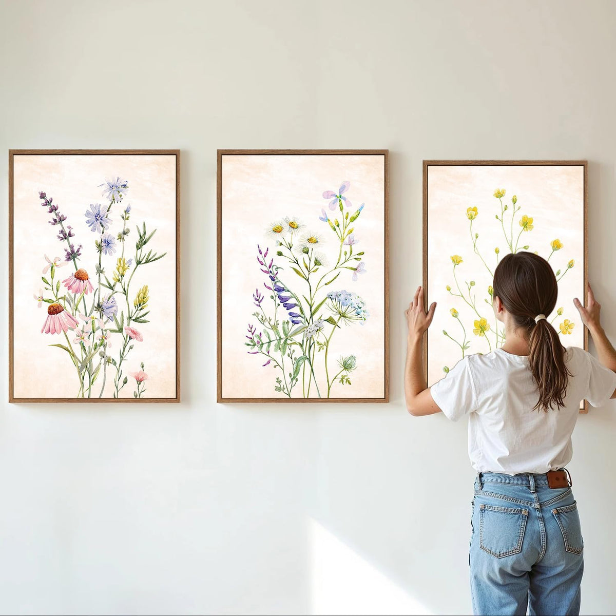 SIGNINART Watercolor Wildflower Framed Canvas Wall Art Set of 3, Boho Botanical Spring Floral Wall