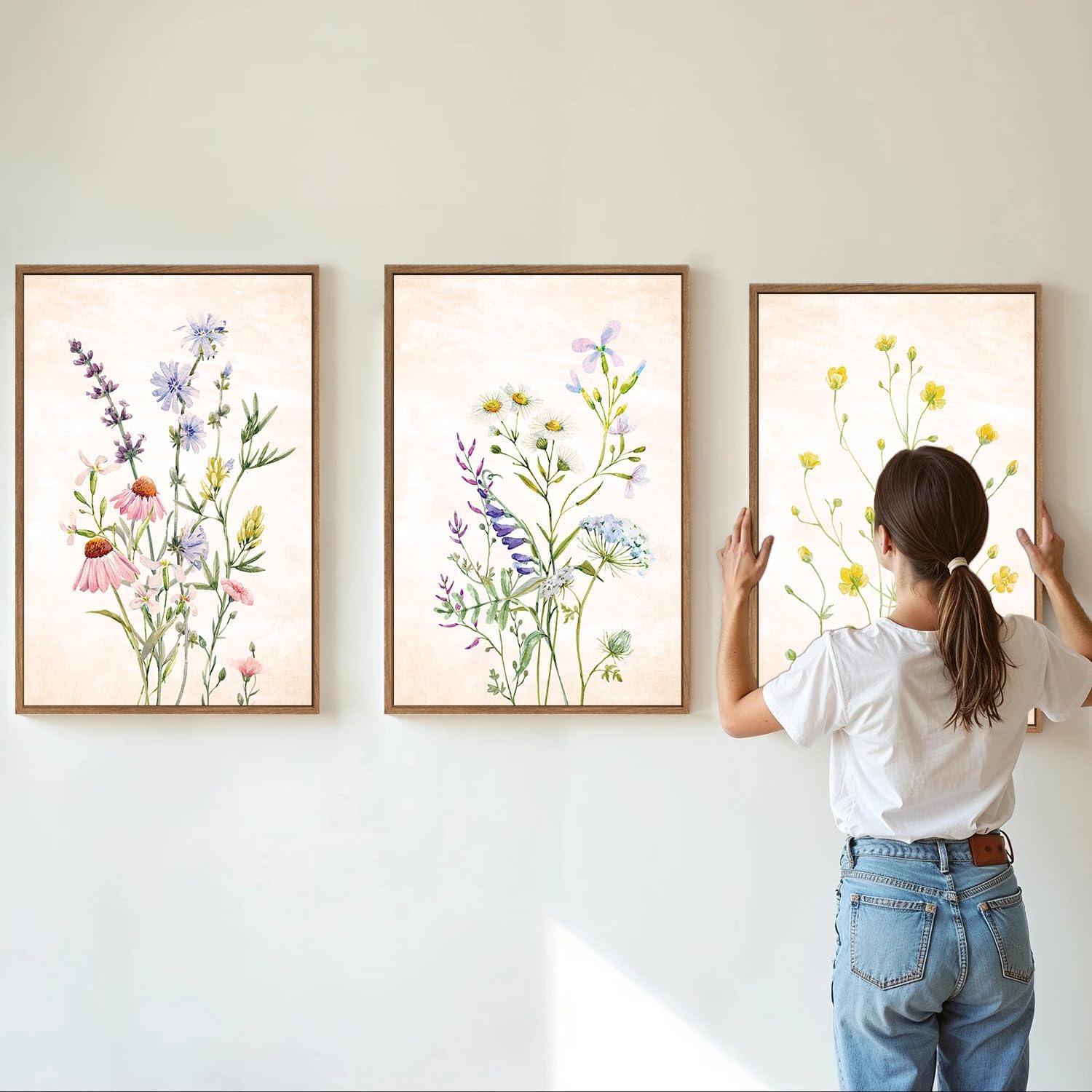 SIGNINART Watercolor Wildflower Framed Canvas Wall Art Set of 3, Boho Botanical Spring Floral Wall