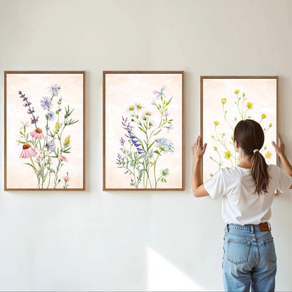 SIGNINART Watercolor Wildflower Framed Canvas Wall Art Set of 3, Boho Botanical Spring Floral Wall