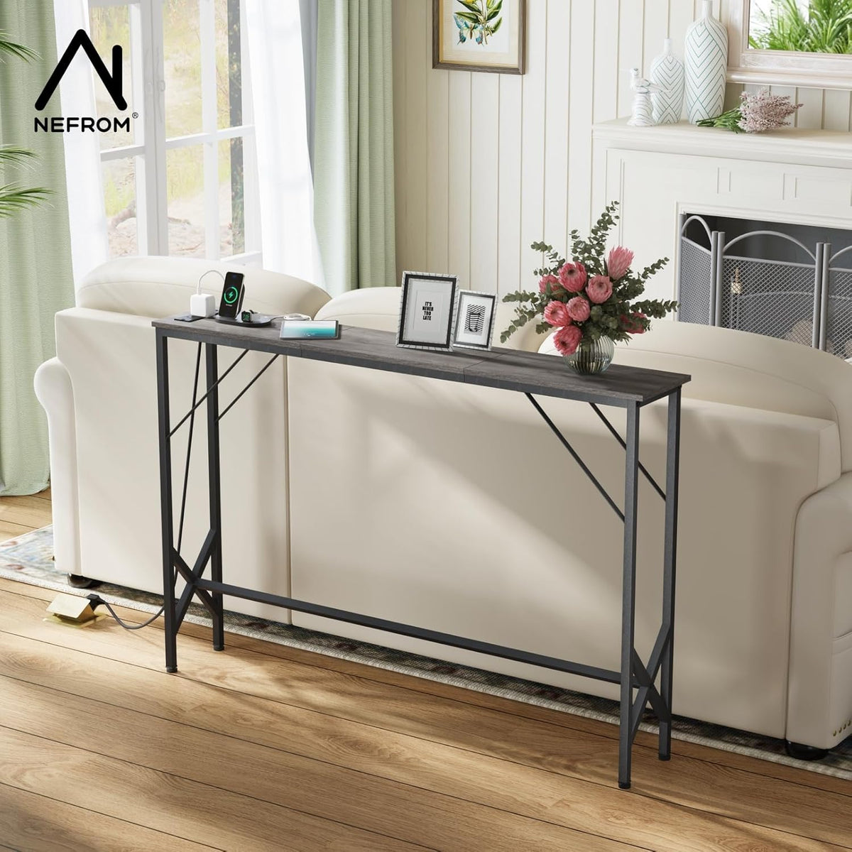47.2'' Console Table, Skinny Entryway Table with Fast-Charging Station, Narrow Long Sofa Table