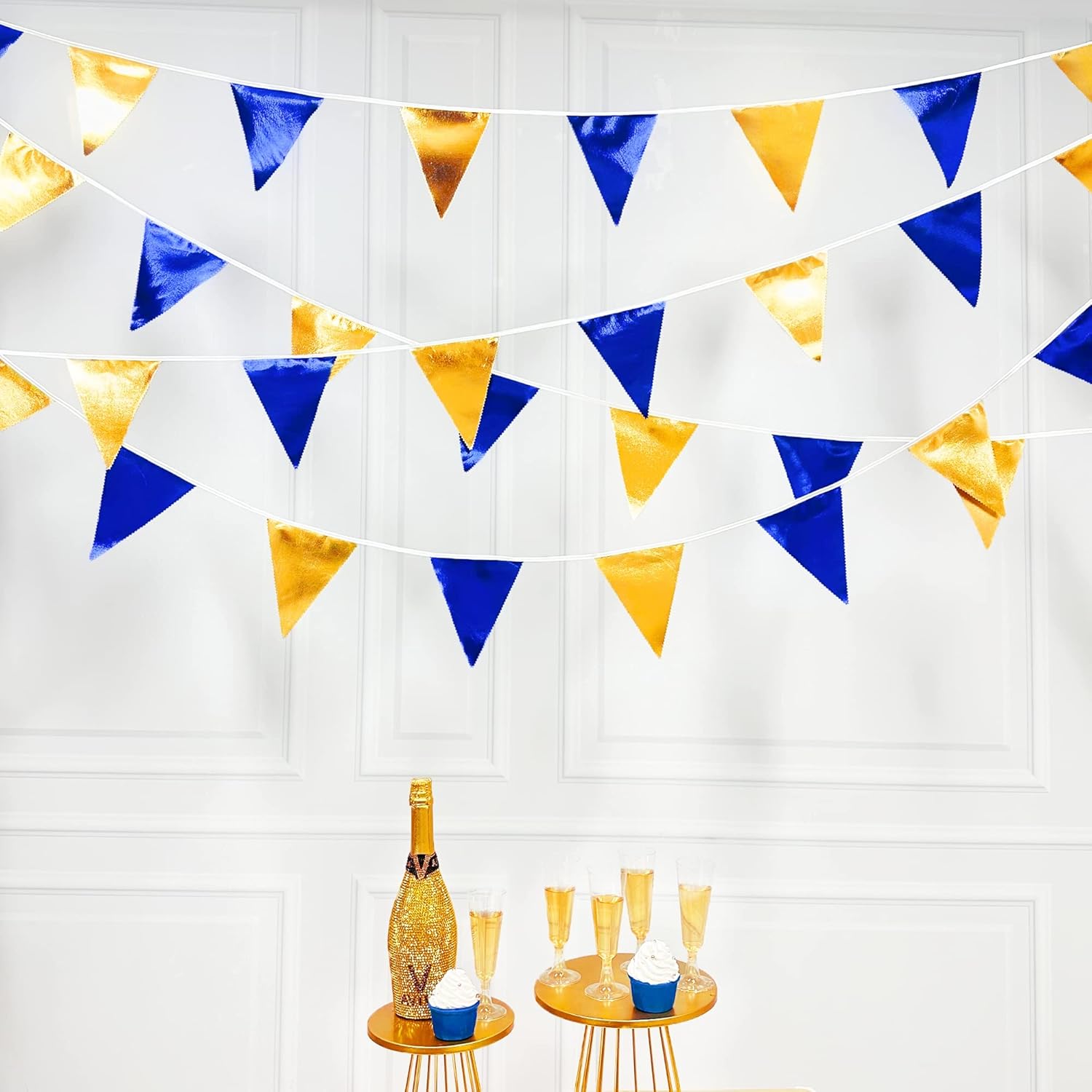 Royal Blue Gold Party Decoration Navy Blue Gold Triangle Pennant Banner Flag Metallic Fabric