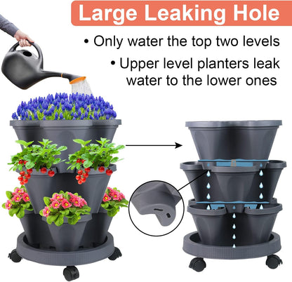 DUNCHATY Stackable Planter, Vertical Garden Planter with Wheels and Tools, Self Watering Strawberry