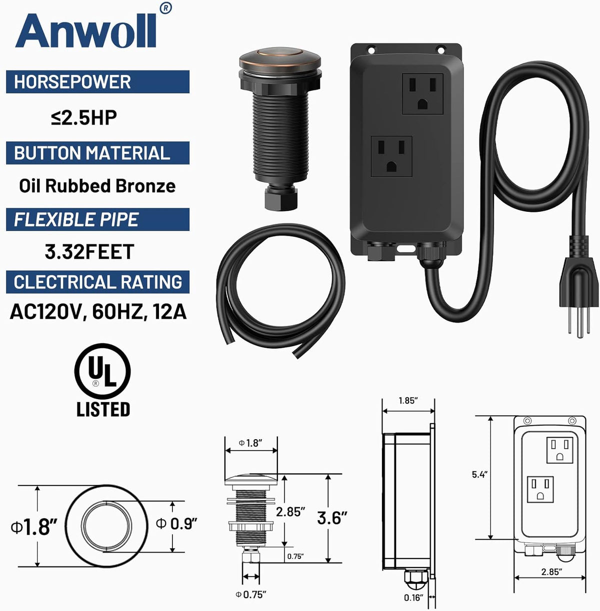 Garbage Disposal Air Switch Kit -Professional- Dual Outlet, Sink Top Waste Disposer On/Off, Garbage
