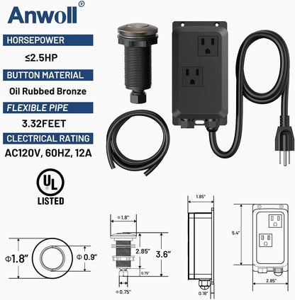 Garbage Disposal Air Switch Kit -Professional- Dual Outlet, Sink Top Waste Disposer On/Off, Garbage