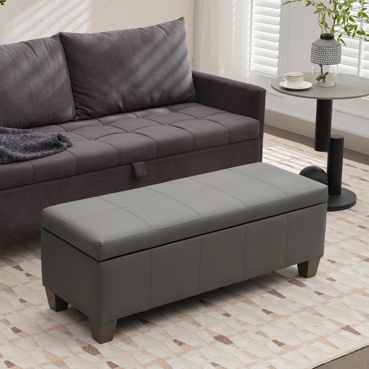 Grey Faux Leather Ottoman with Storage, Rectangular Extra Long Storage Bench for Bedroom and Living