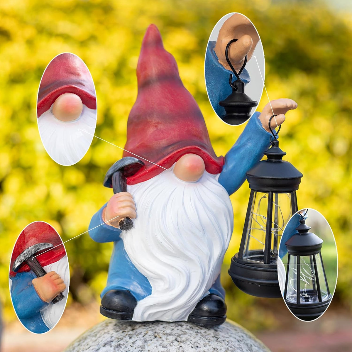 Garden Gnome Statue Solar Light Outdoor Decorations Figurine with Lantern Led Shovel Sculpture Lawn