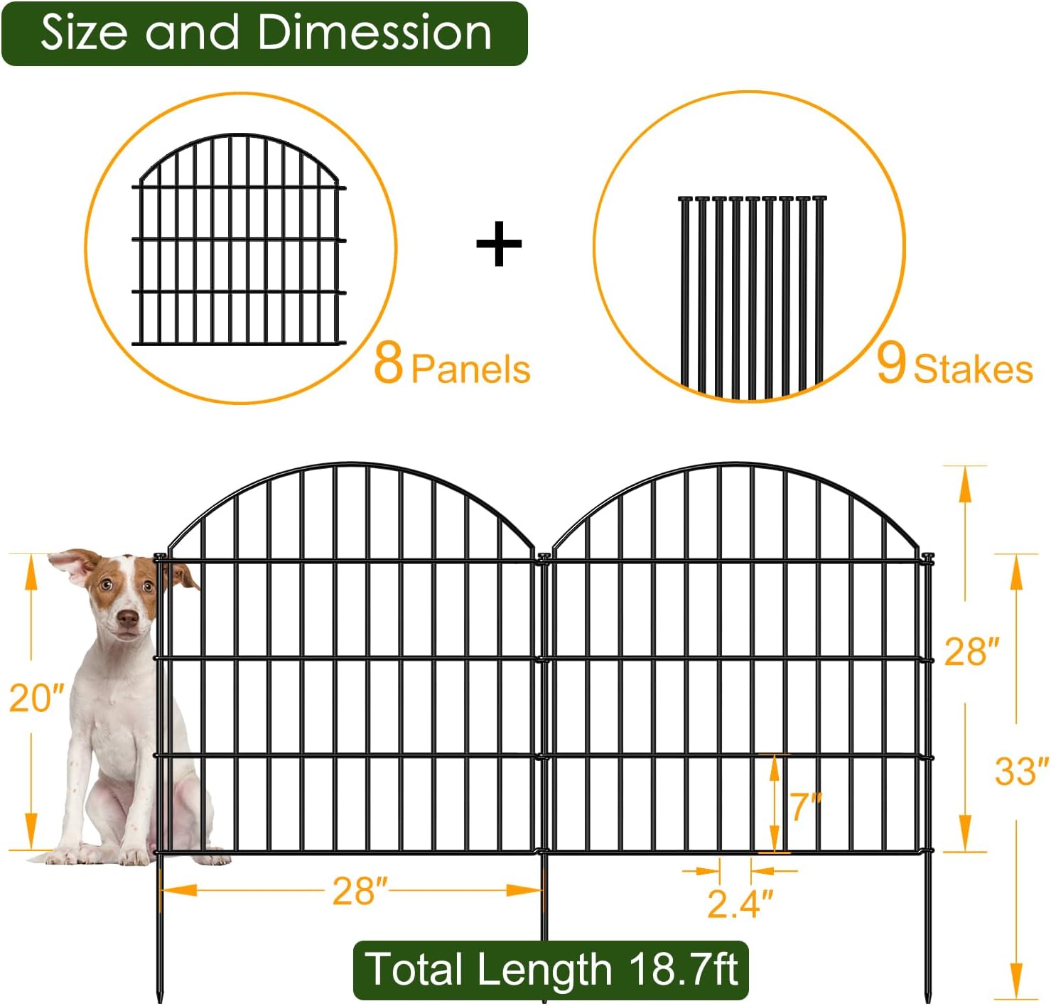 Metal Garden Fence 28in (H) x 18.7ft (L), 8 Panels + 9 Stakes Dog Fence Border Fence Animal