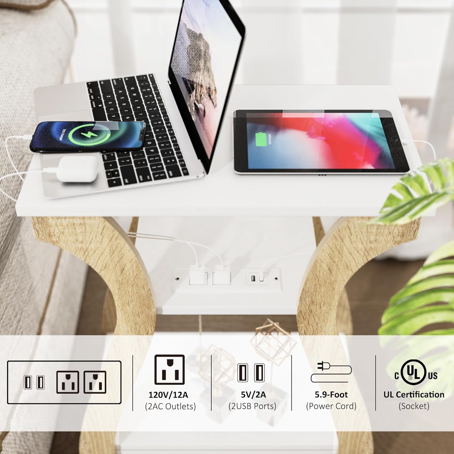 End Table Set of 2 with Charging Station, Side Table with USB Ports and Outlets, Nightstand, 3 Tier