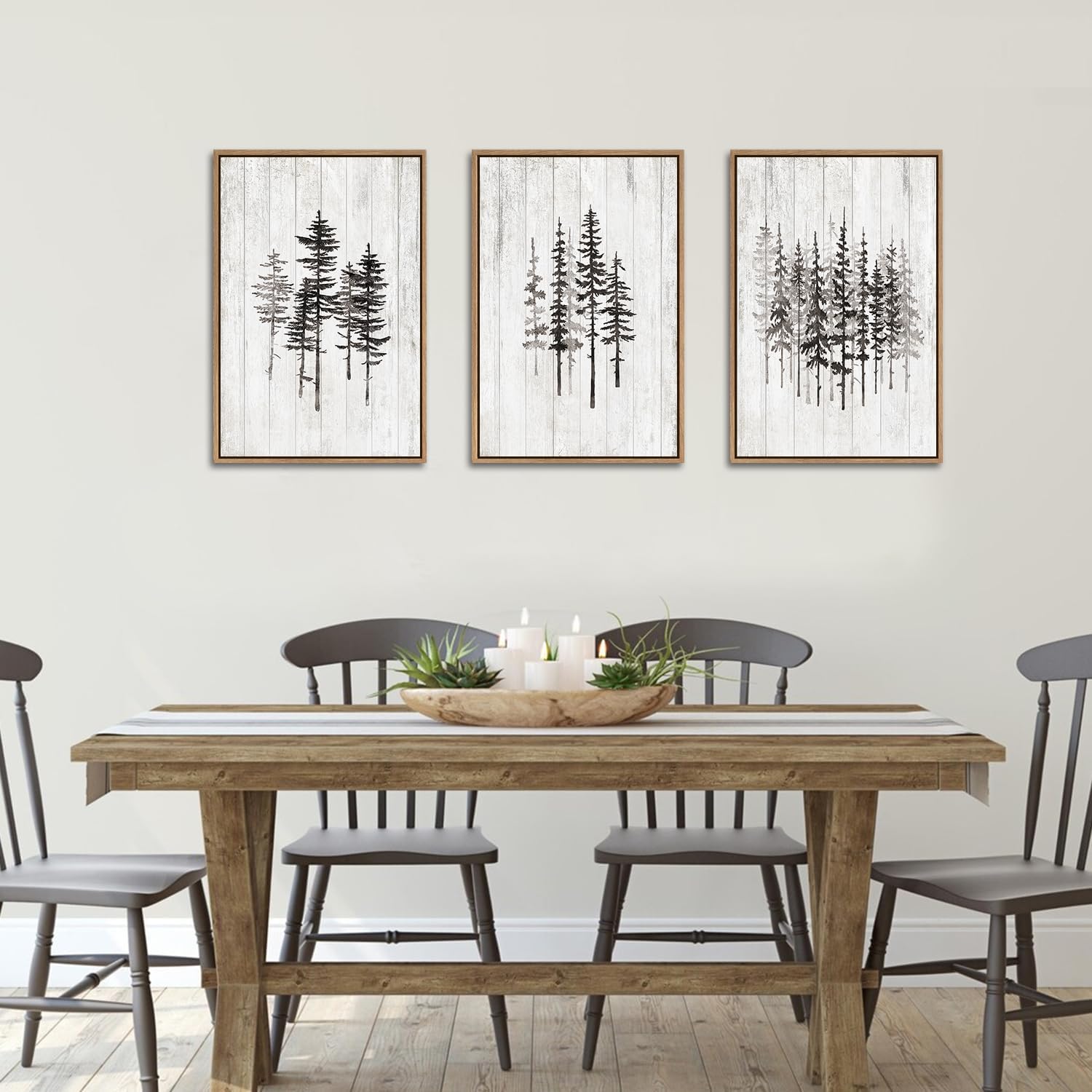 HPINUB Woodcut Style Pine Tree Framed Canvas Wall Art Set, Minimalist Modern Black and White Forest