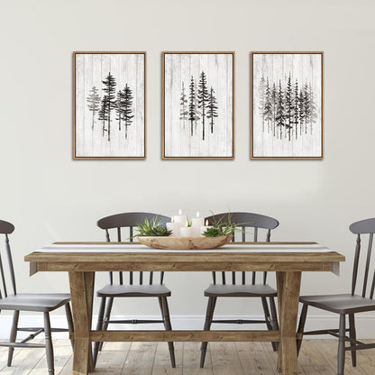HPINUB Woodcut Style Pine Tree Framed Canvas Wall Art Set, Minimalist Modern Black and White Forest