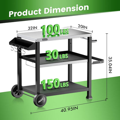 NUUK 3-Shelf Grill Cart with Stainless Steel Top – 20" x 32" Mobile Outdoor Kitchen Table for Pizza