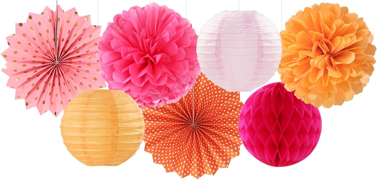 Hot-Pink Burnt-Orange Party-Decorations Streamers Lanterns - 14pcs Fall Birthday Baby Shower Paper