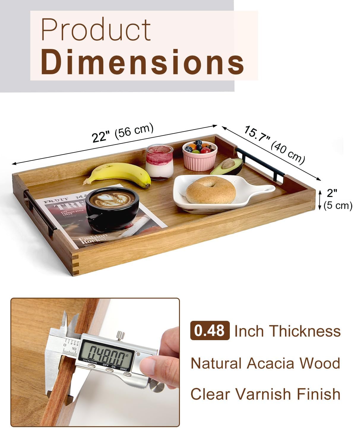 22 Inches Acacia Wood Serving Tray with Metal Handles, Large Wooden Rectangle Ottoman Tray