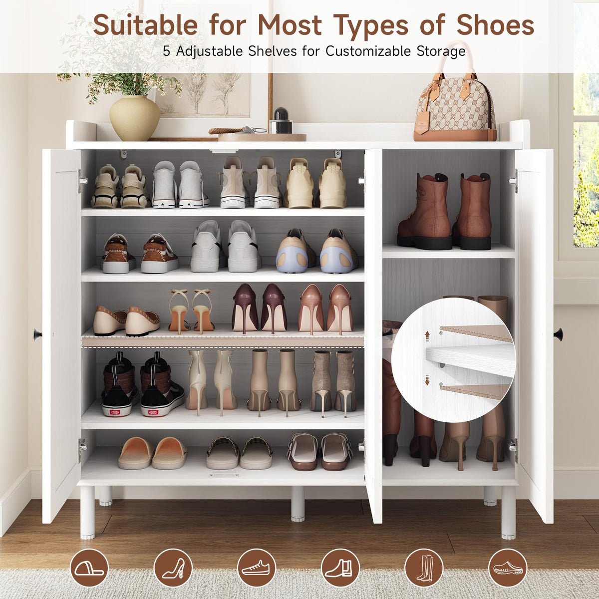 ComfyCorner Shoe Cabinet with 3 Doors, Shoe Rack for Entryway, White