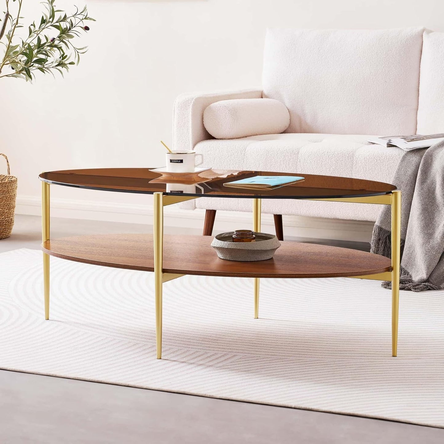 Oval Glass Coffee Table, Mid-Century Modern Design, L43 x W22 x H17 inch, 2-Tier Structure, Olive