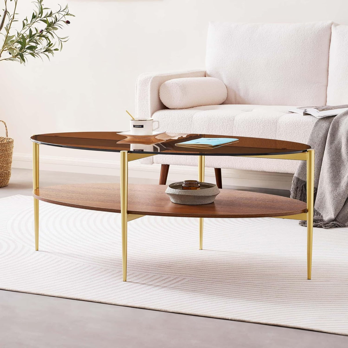 Oval Glass Coffee Table, Mid-Century Modern Design, L43 x W22 x H17 inch, 2-Tier Structure, Olive