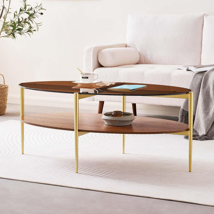 Oval Glass Coffee Table, Mid-Century Modern Design, L43 x W22 x H17 inch, 2-Tier Structure, Olive