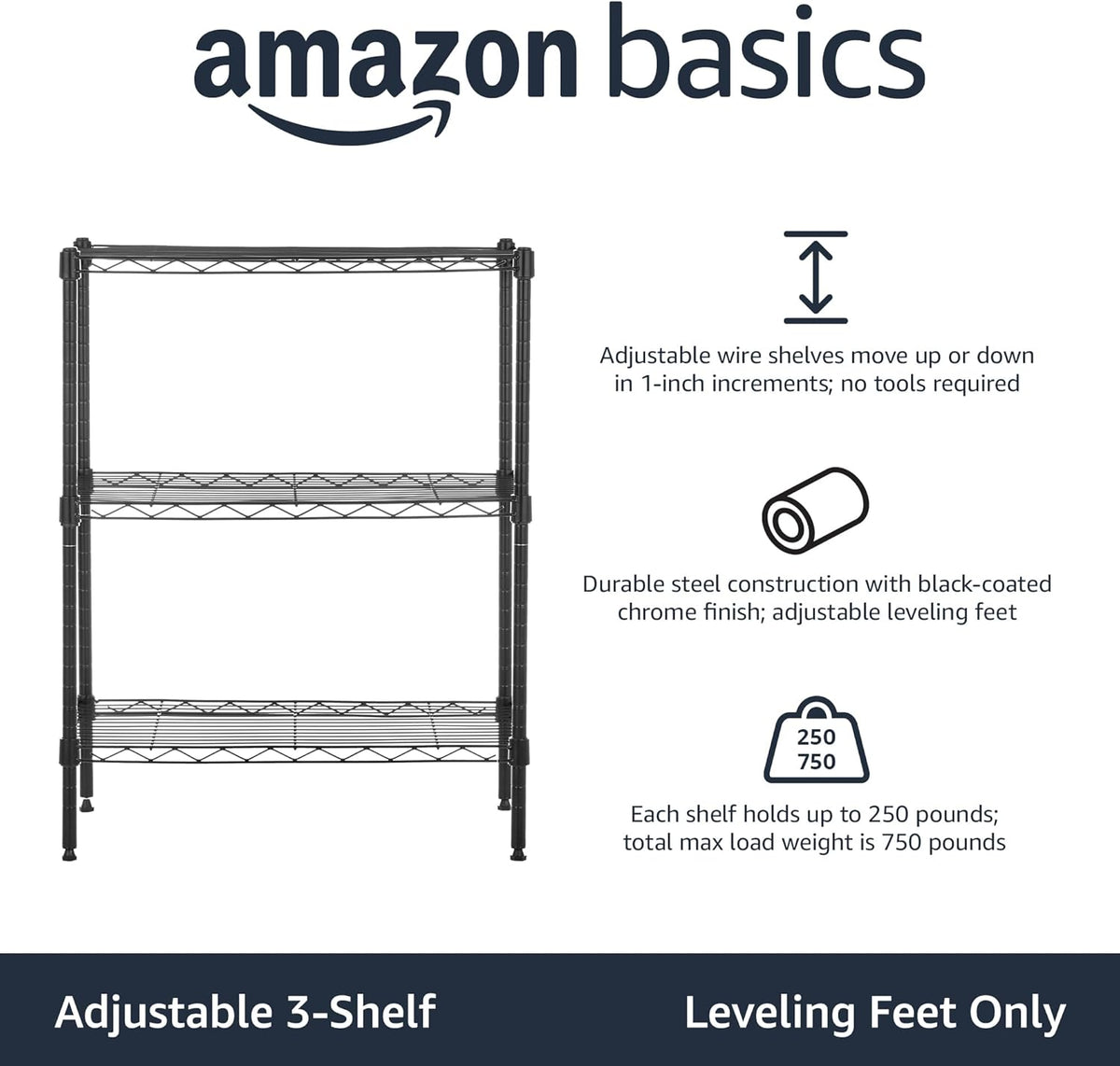 Amazon Basics 3-Shelf Adjustable Heavy Duty Steel Wire Rack Storage Shelving Organizer for Kitchen