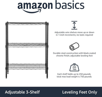 Amazon Basics 3-Shelf Adjustable Heavy Duty Steel Wire Rack Storage Shelving Organizer for Kitchen