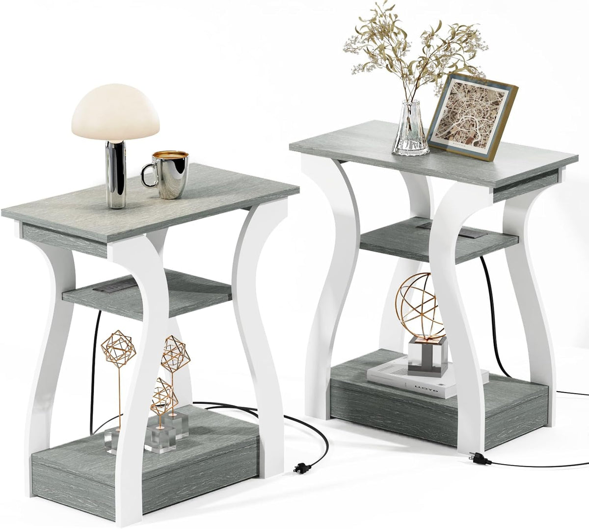 End Tables Living Room Set of 2,Grey End Table with Charging Station,Grey Side Table, Nightstand
