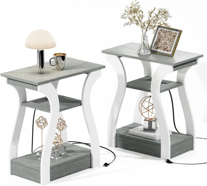 End Tables Living Room Set of 2,Grey End Table with Charging Station,Grey Side Table, Nightstand