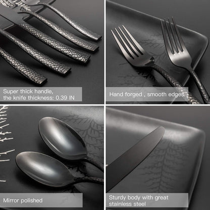 Silverware 65-Piece Black Hammered Flatware Set with Serving Utensils Stainless Steel Thick Handle