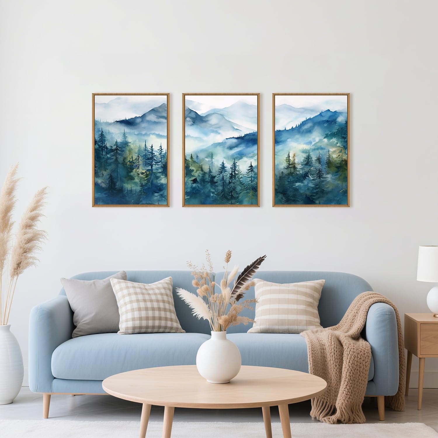 Celestdeco Blue Ridge Mountains Forest Framed Canvas Wall Art Set, Natural Landscape Wall Decor