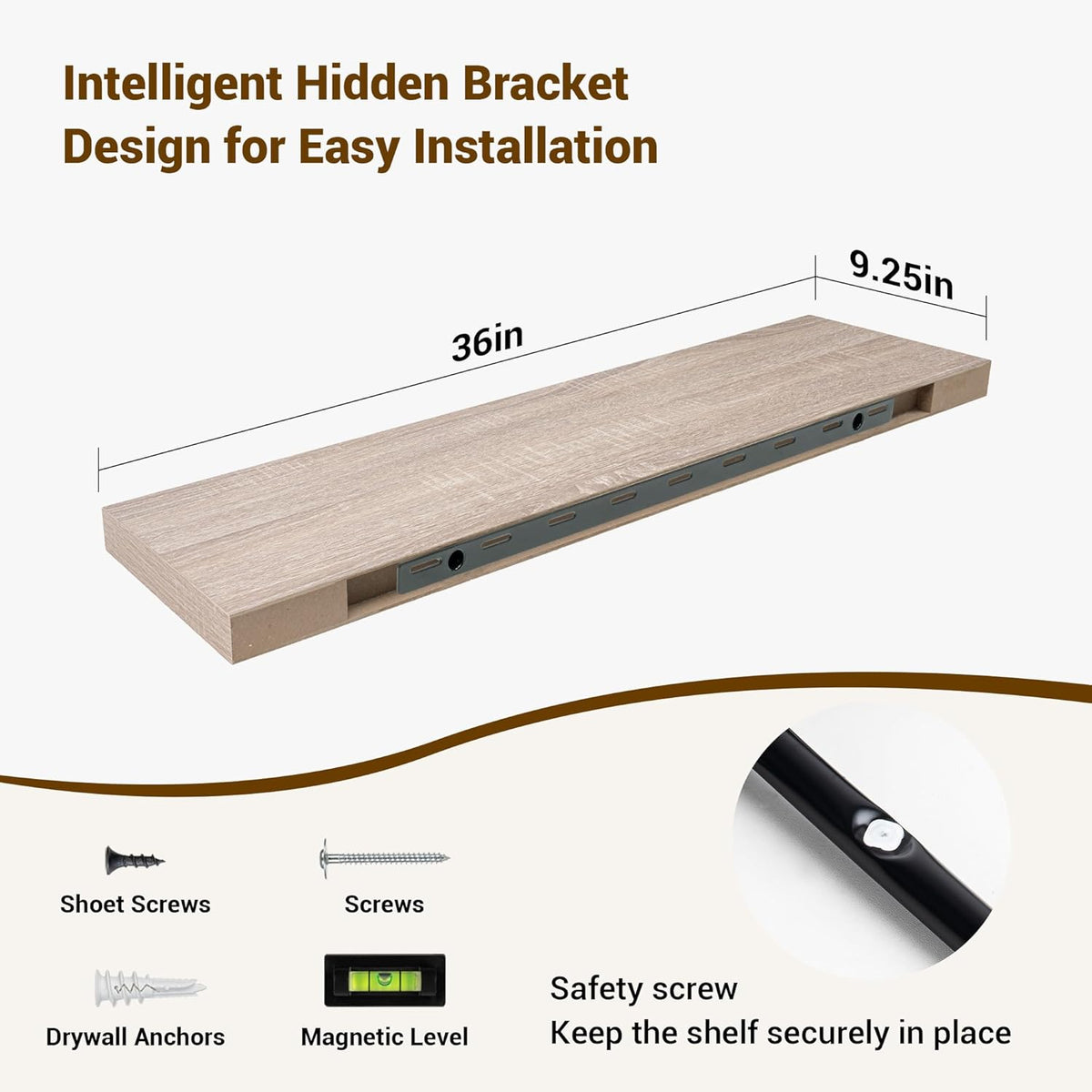 36 Inch Floating Shelves, 3D Textured Wood Grain, 36"x9.25"x1.5" Inch Deep Floating Shelves for