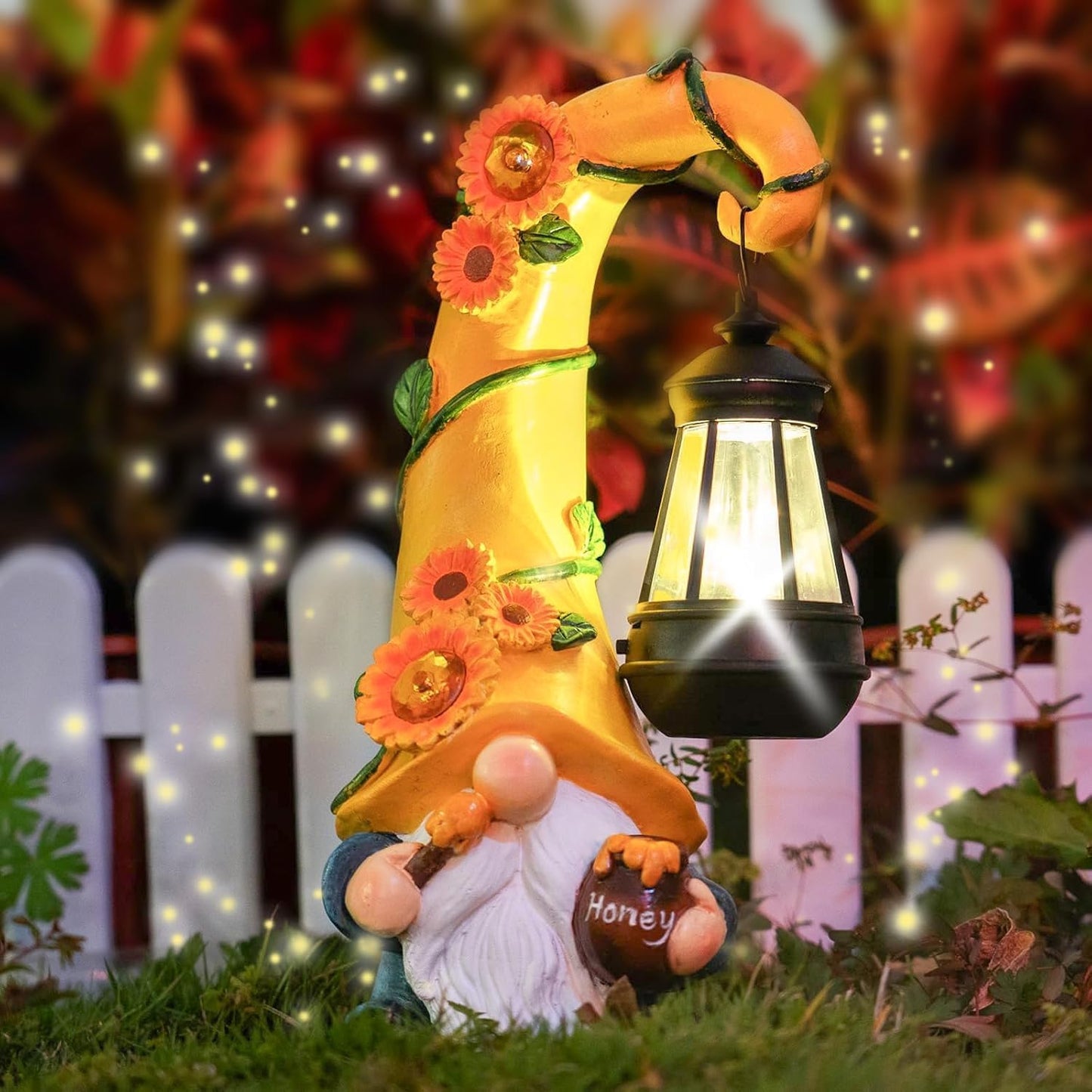 Fall Decorations for Home Porch 12" Solar Fall Gnome Sunflower Garden Statues Honey Bee Jar Decor