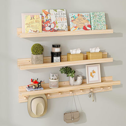 MBYD Wood Wall Shelf With Hooks Floating Shelves for Wall Bathroom Shelves Wall Mounted Nursery